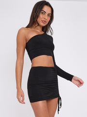 One Shoulder Slinky Crop Top & Ruched Skirt Co-ord