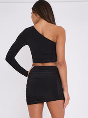 One Shoulder Slinky Crop Top & Ruched Skirt Co-ord