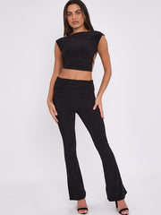 Tie Knot Back Ruched Crop Top & Fold Over Flared Trouser Co-ord
