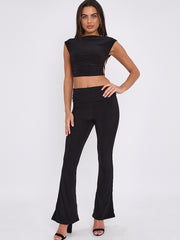 Tie Knot Back Ruched Crop Top & Fold Over Flared Trouser Co-ord