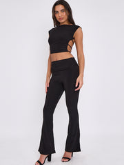 Tie Knot Back Ruched Crop Top & Fold Over Flared Trouser Co-ord
