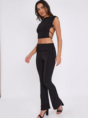 Tie Knot Back Ruched Crop Top & Fold Over Flared Trouser Co-ord