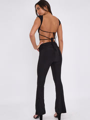 Tie Knot Back Ruched Crop Top & Fold Over Flared Trouser Co-ord