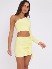 One Shoulder Slinky Crop Top & Ruched Skirt Co-ord
