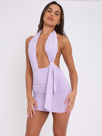 Slinky Halter Neck Ruched Dress With Tie Knot Drape Detail - Lilac