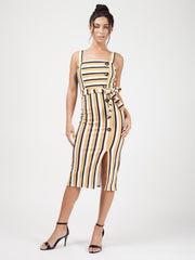 Striped Button Detail Belted Midi Dress