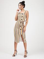 Striped Button Detail Belted Midi Dress