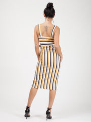 Striped Button Detail Belted Midi Dress