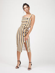 Striped Button Detail Belted Midi Dress