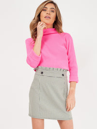 Gingham Check Paper Bag Waist Skirt - Neon Green