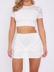 Lace Detail Crop Top & Skirt Co-ord With Tie Knot Drape Detail