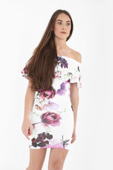 Tropical Floral Print Double Frill Bardot Dress