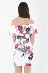 Tropical Floral Print Double Frill Bardot Dress