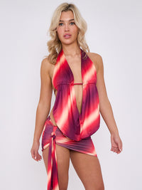 Tie-Dye Slinky Halter Neck Top & Skirt Co-ord With Tie Knot Drape Detail - Purple
