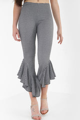 Gingham Check Flared Frill Hem Cropped Trousers