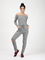 Slashed Knee Ribbed Bardot Lounge Jumpsuit