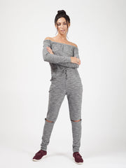 Slashed Knee Ribbed Bardot Lounge Jumpsuit