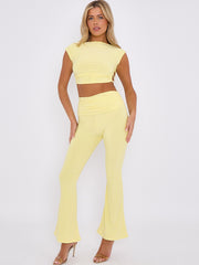 Tie Knot Back Ruched Crop Top & Fold Over Flared Trouser Co-ord
