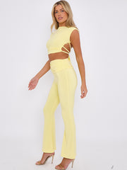 Tie Knot Back Ruched Crop Top & Fold Over Flared Trouser Co-ord