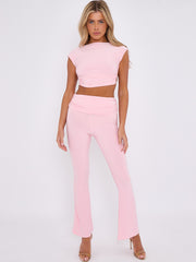 Tie Knot Back Ruched Crop Top & Fold Over Flared Trouser Co-ord