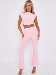 Tie Knot Back Ruched Crop Top & Fold Over Flared Trouser Co-ord