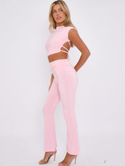Tie Knot Back Ruched Crop Top & Fold Over Flared Trouser Co-ord