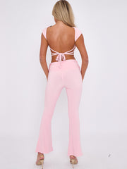 Tie Knot Back Ruched Crop Top & Fold Over Flared Trouser Co-ord