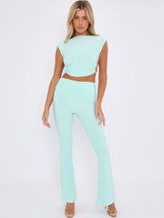 Tie Knot Back Ruched Crop Top & Fold Over Flared Trouser Co-ord