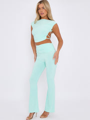 Tie Knot Back Ruched Crop Top & Fold Over Flared Trouser Co-ord