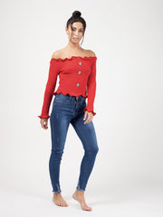 Button Front Knitted Bardot Crop Top