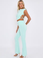 Tie Knot Back Ruched Crop Top & Fold Over Flared Trouser Co-ord