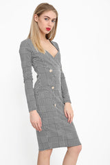 Hound-Tooth Button Detail Blazer Midi Dress
