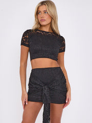 Lace Detail Crop Top & Skirt Co-ord With Tie Knot Drape Detail