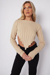 Long Sleeves Asymmetric Hem Ribbed Knit Crop Top