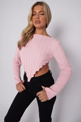 Long Sleeves Asymmetric Hem Ribbed Knit Crop Top