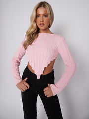 Long Sleeves Asymmetric Hem Ribbed Knit Crop Top