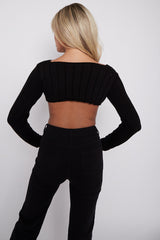 Long Sleeves Asymmetric Hem Ribbed Knit Crop Top
