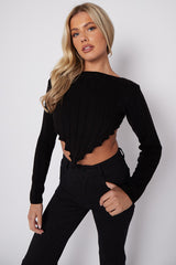 Long Sleeves Asymmetric Hem Ribbed Knit Crop Top