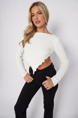 Long Sleeves Asymmetric Hem Ribbed Knit Crop Top