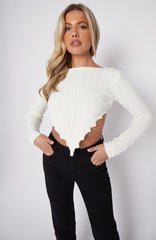 Long Sleeves Asymmetric Hem Ribbed Knit Crop Top