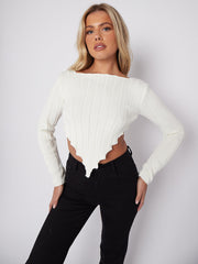 Long Sleeves Asymmetric Hem Ribbed Knit Crop Top