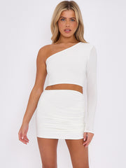 One Shoulder Slinky Crop Top & Ruched Skirt Co-ord
