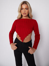 Long Sleeves Asymmetric Hem Ribbed Knit Crop Top - Red