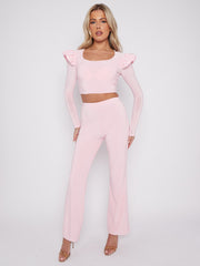 Frill Shoulder Slinky Crop Top & Wide Leg Trouser Co-ord