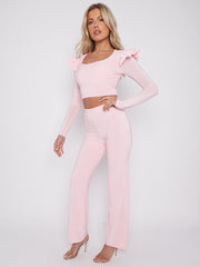 Frill Shoulder Slinky Crop Top & Wide Leg Trouser Co-ord
