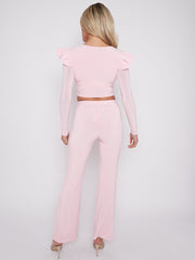 Frill Shoulder Slinky Crop Top & Wide Leg Trouser Co-ord