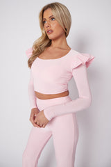 Frill Shoulder Slinky Crop Top & Wide Leg Trouser Co-ord