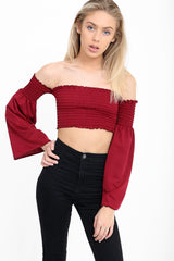 Long Sleeves Shirred Bardot Crop Top