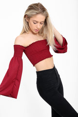 Long Sleeves Shirred Bardot Crop Top