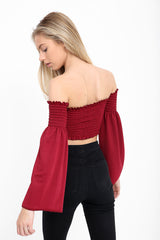 Long Sleeves Shirred Bardot Crop Top